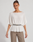 Maglia donna bianca con cintura sottile e fibbia dorata, scollo a barca, Polly 6 – frontale