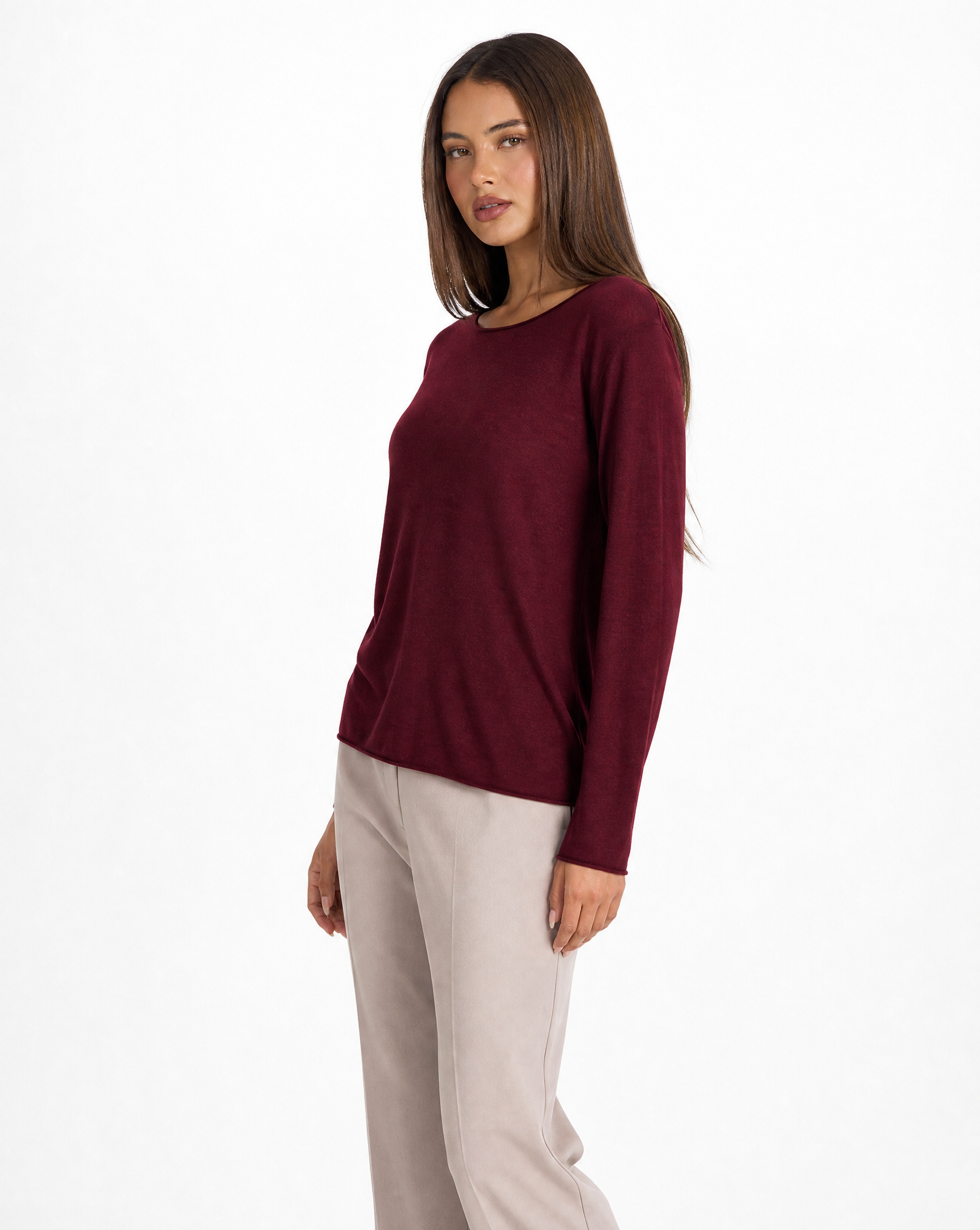Maglia donna in cotone e lana con Polly 4 - Bordeaux vista tre quarti