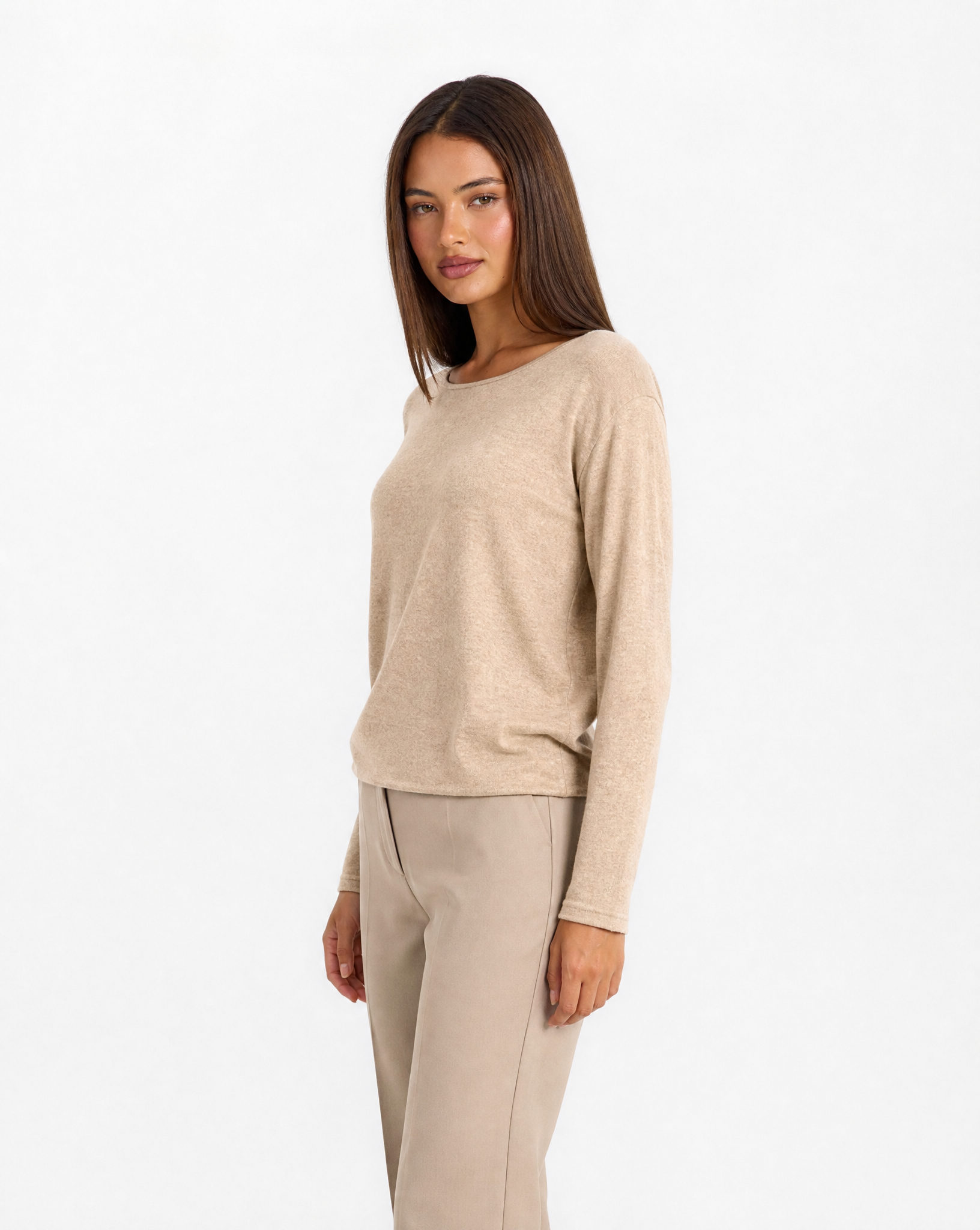 Maglia donna in cotone e lana con Polly 4 - Beige vista tre quarti