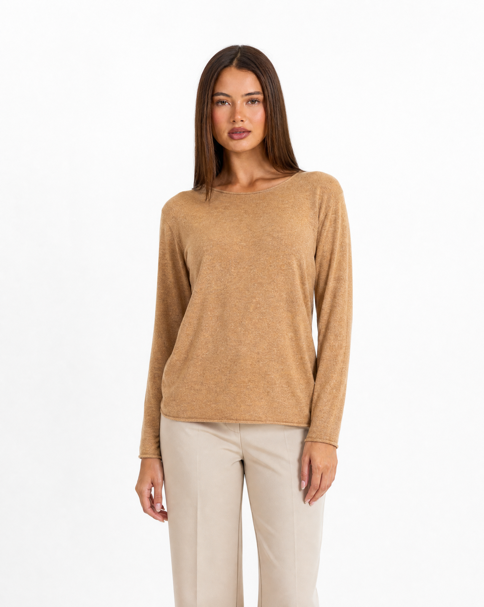 Maglia donna in cotone e lana con Polly 4 - Camel vista frontale