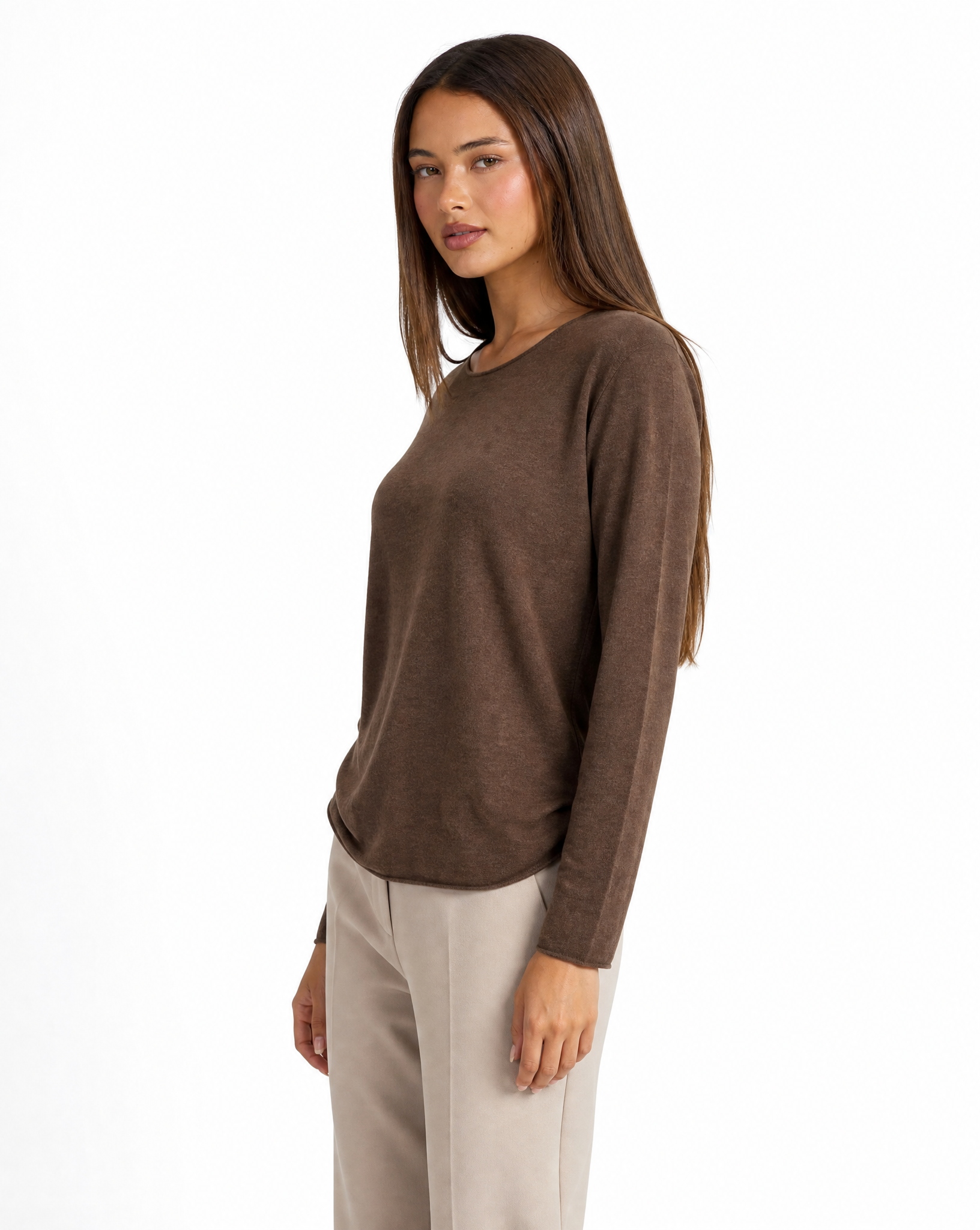 Maglia donna in cotone e lana con Polly 4 - Marrone vista tre quarti