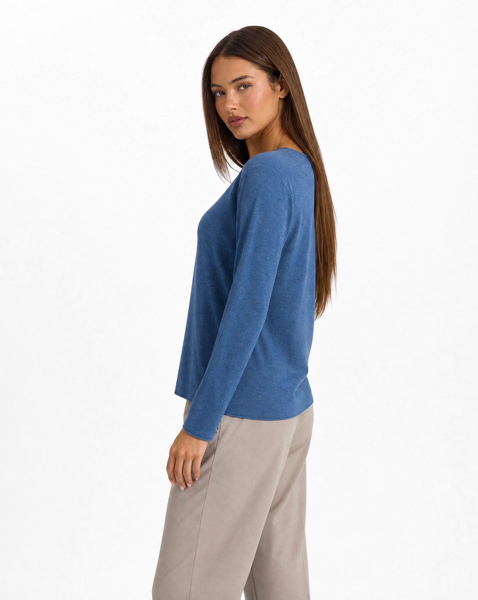 Maglia donna in cotone e lana con Polly 4 - Denim vista tre quarti