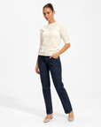 Maglia donna in lana Panna, vista tre-quarti, indossata da Polly 6