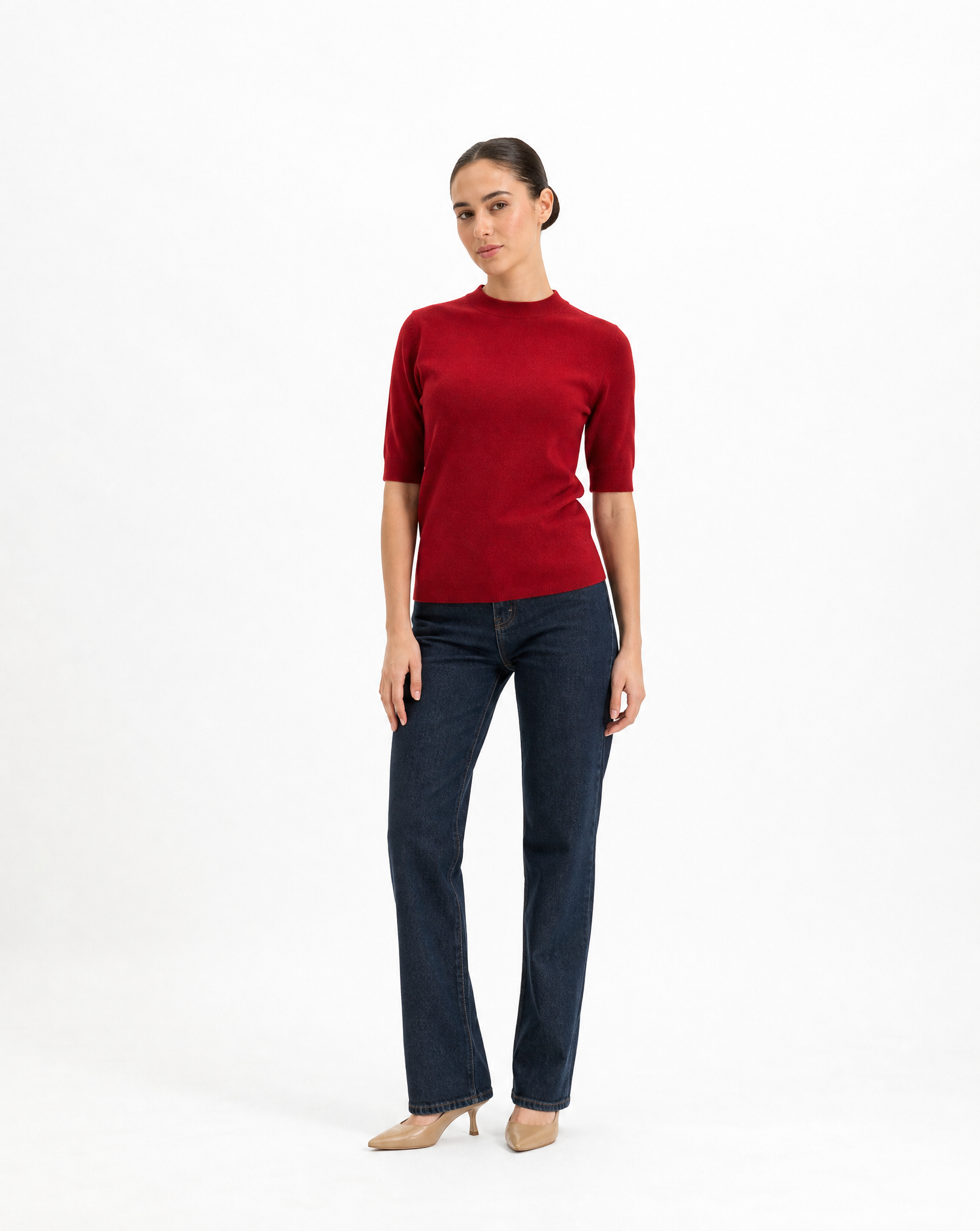 Maglia donna in lana Rosso, vista frontale, indossata da Polly 6