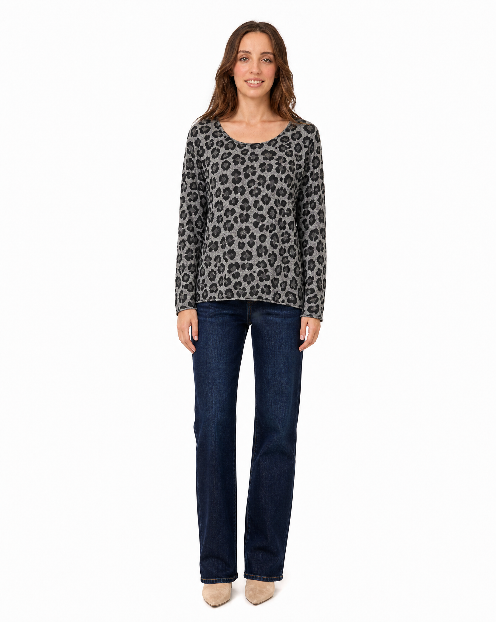 Maglia donna maculata grigia, figura intera