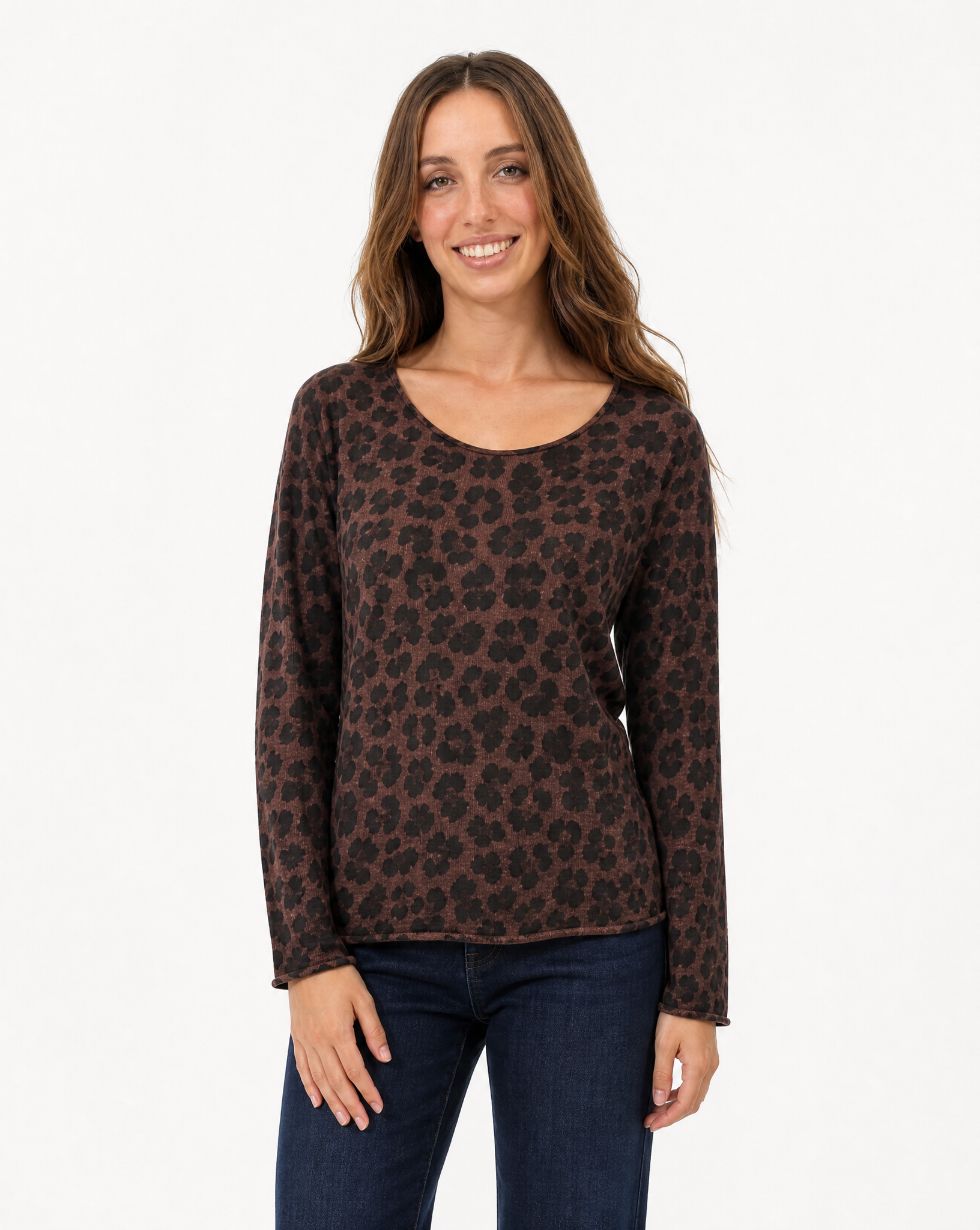 Maglia donna maculata marrone scuro, dettaglio mezzo busto