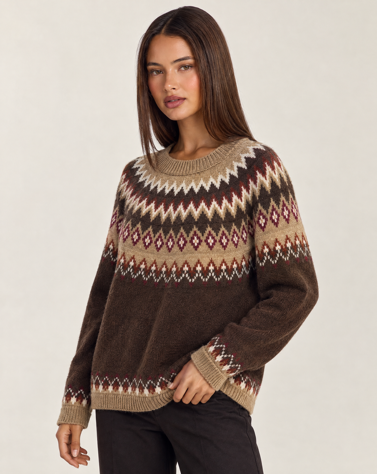 Maglia donna jacquard marrone con Polly 4 – tre-quarti