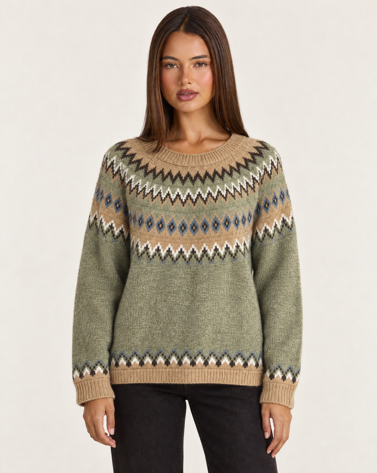 Maglia donna jacquard pistacchio con Polly 4 – frontale