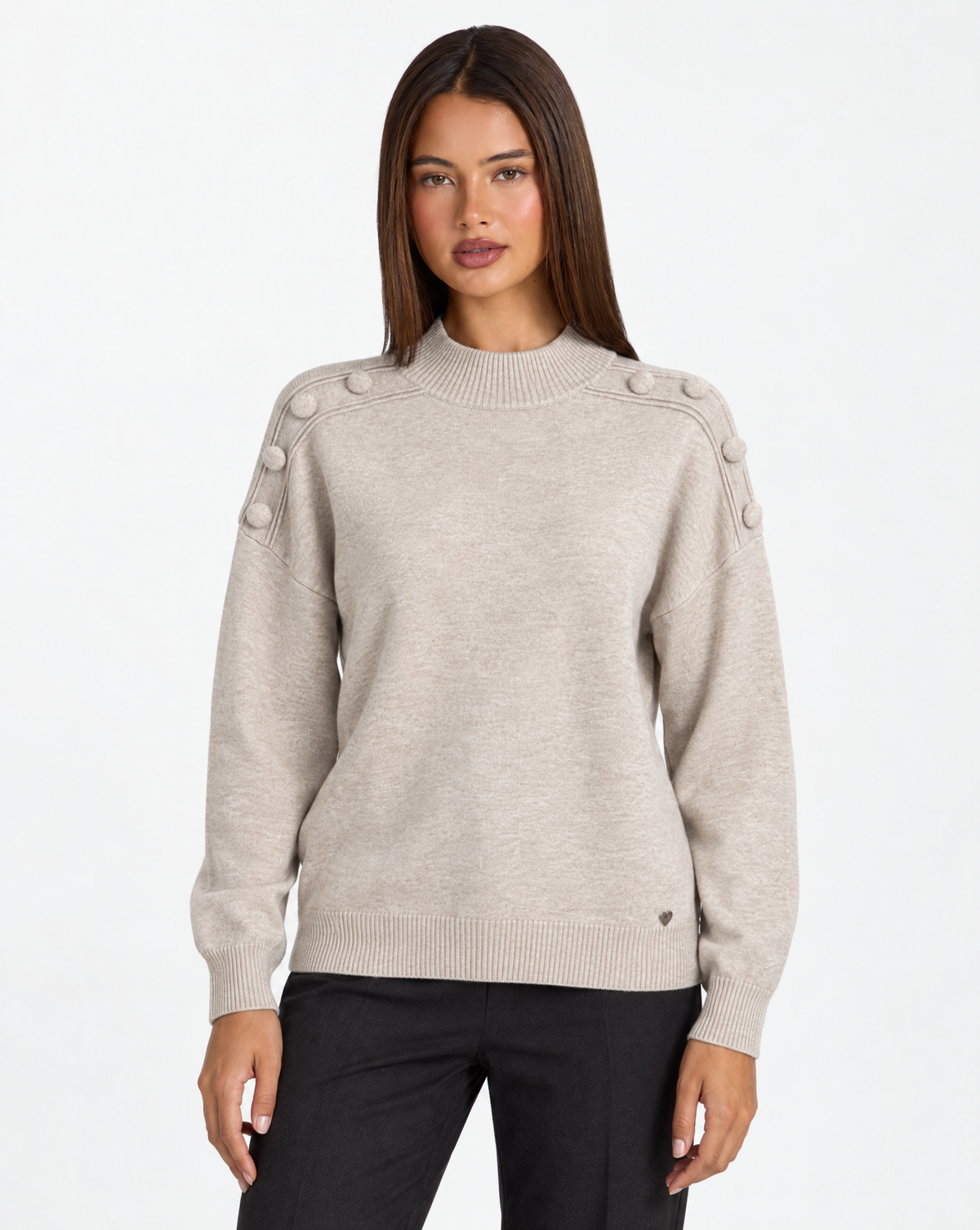 Maglia collo alto con bottoni sulle spalle Beige, Polly 4 – vista frontale