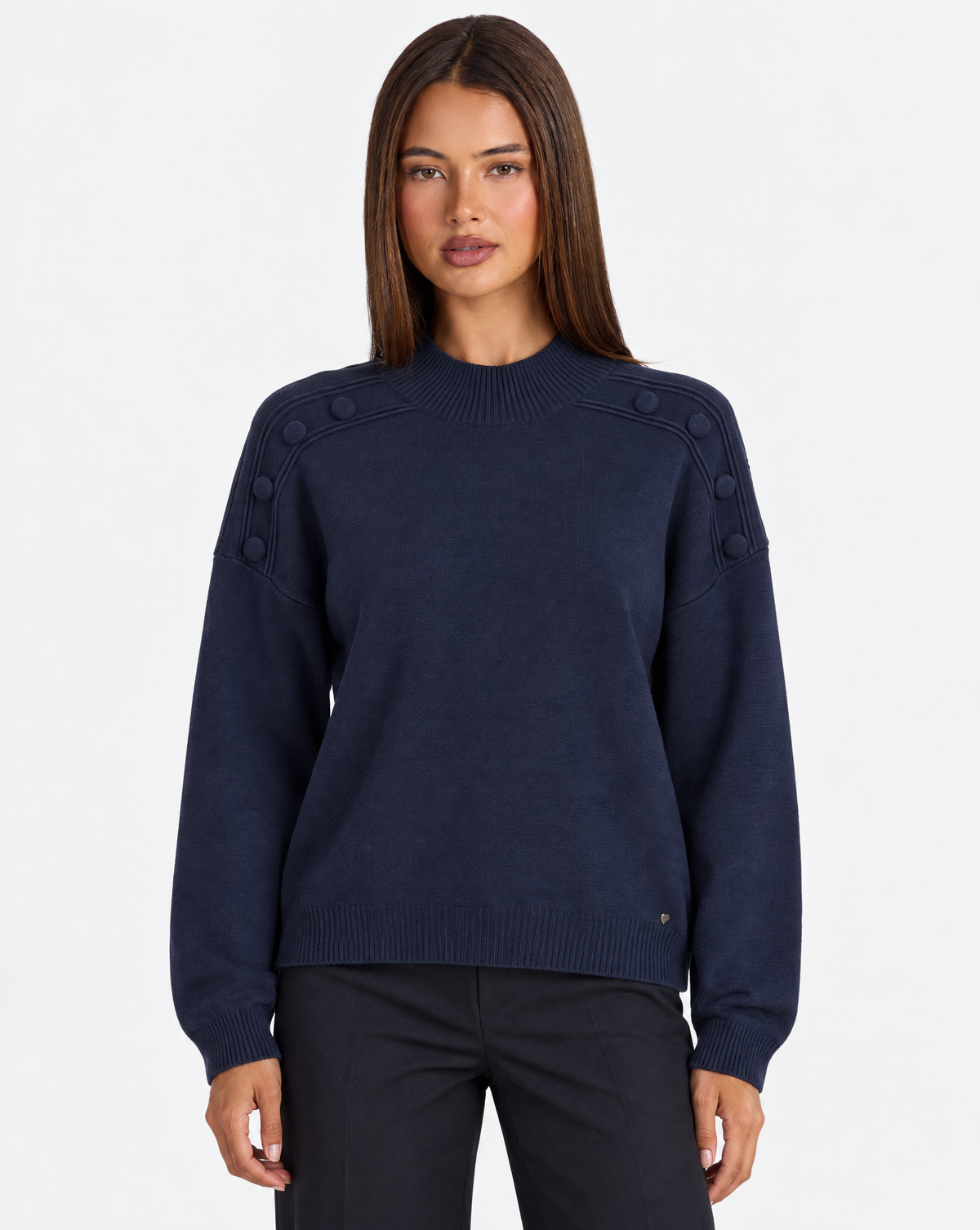 Maglia collo alto con bottoni sulle spalle Blu, Polly 4 – vista frontale
