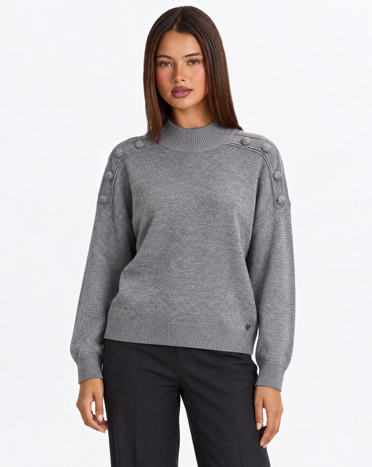 Maglia collo alto con bottoni sulle spalle Grigio, Polly 4 – vista frontale