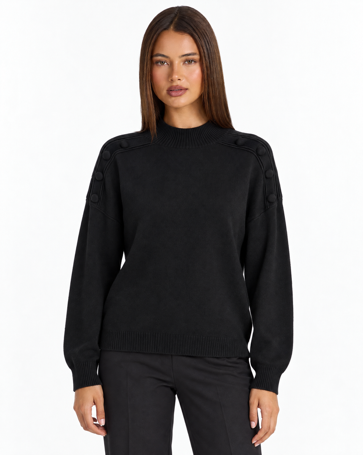 Maglia collo alto con bottoni sulle spalle Nero, Polly 4 – vista frontale