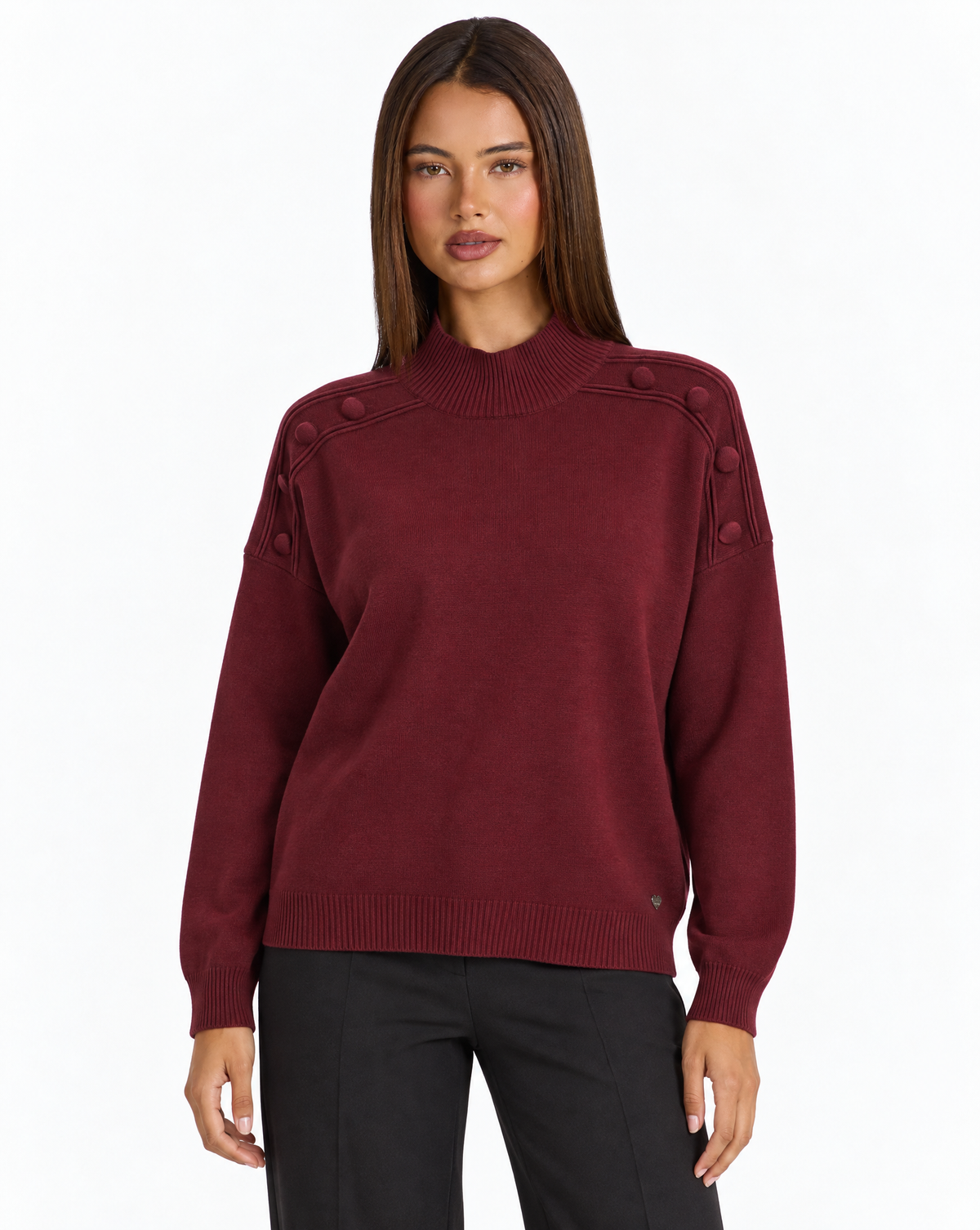 Maglia collo alto con bottoni sulle spalle Rosso, Polly 4 – vista frontale