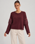 Maglia donna bordeaux girocollo con frange e strass sulle maniche, Polly 6 - vista frontale