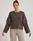 Maglia donna marrone girocollo con frange e strass sulle maniche, Polly 6 - vista frontale