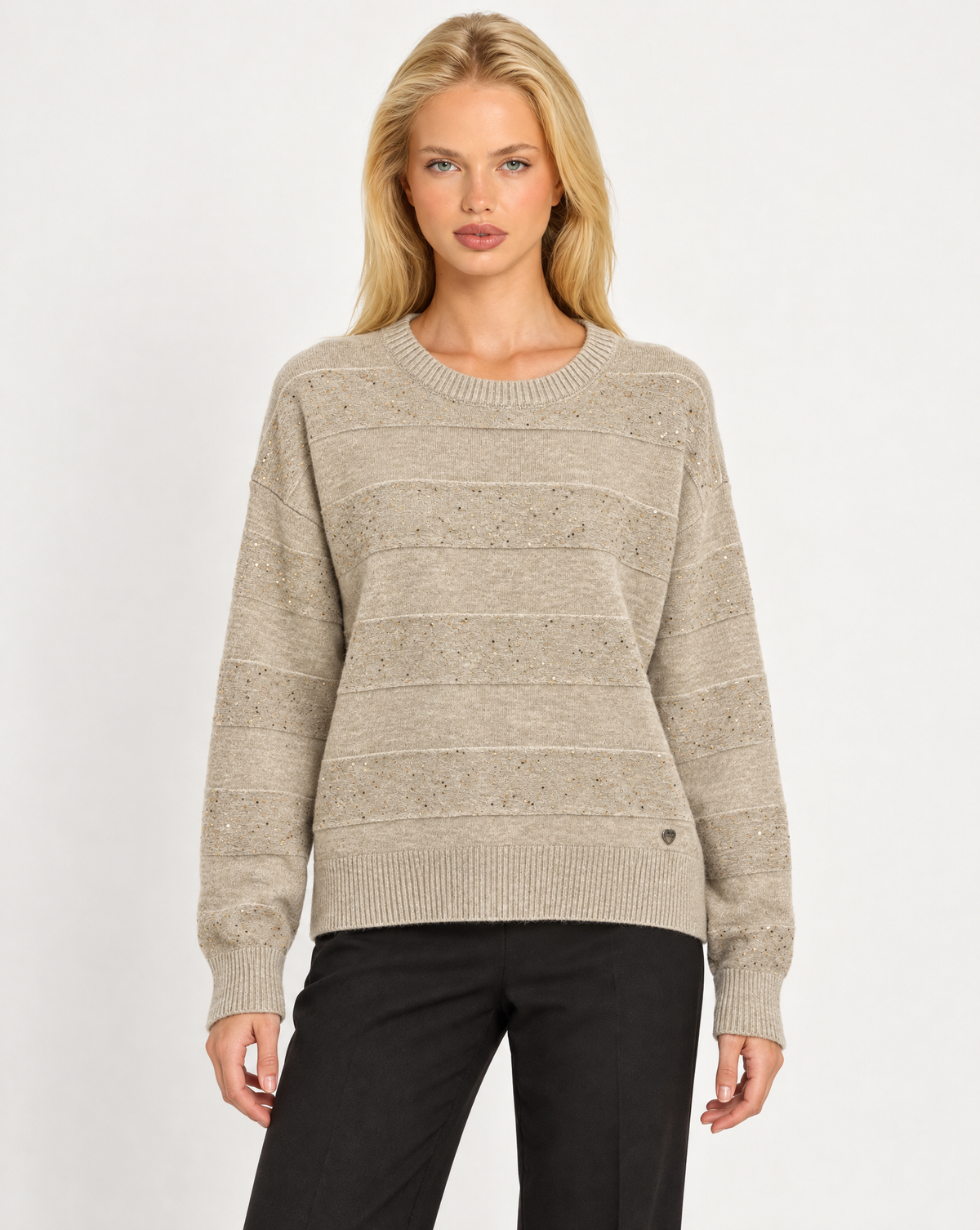 Maglia donna girocollo a fasce con dettagli luminosi Beige, Polly 7 - vista frontale