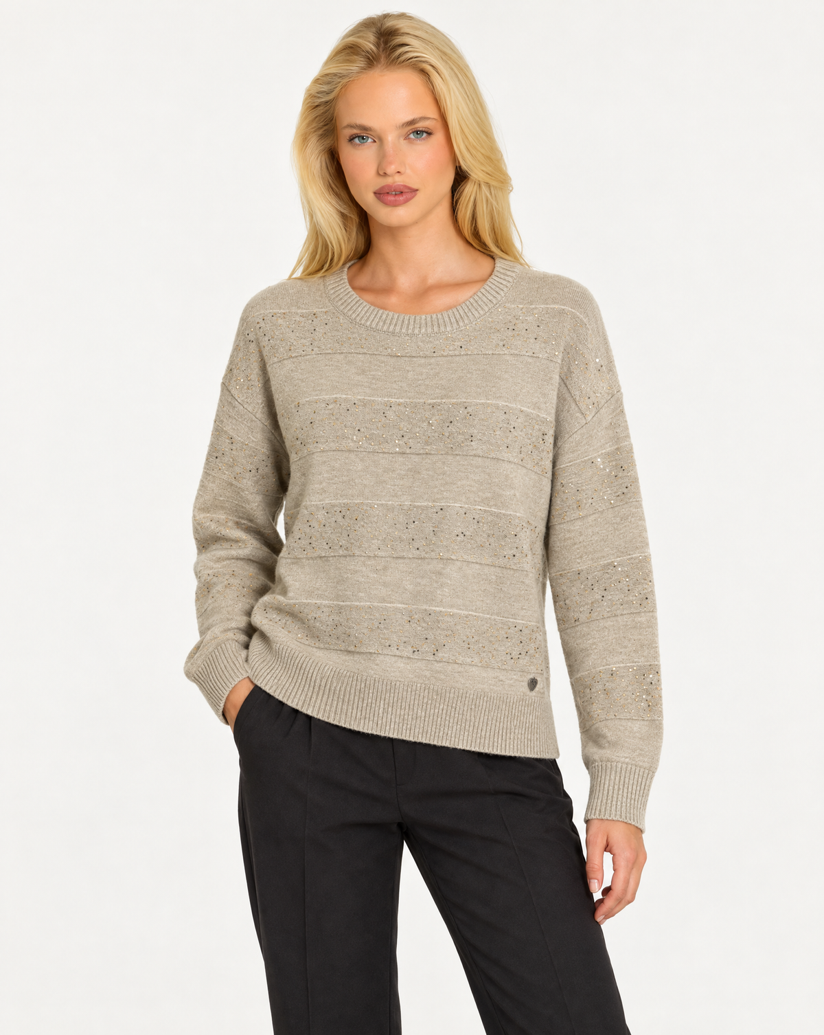 Maglia donna girocollo a fasce con dettagli luminosi Beige, Polly 7 - vista a tre quarti