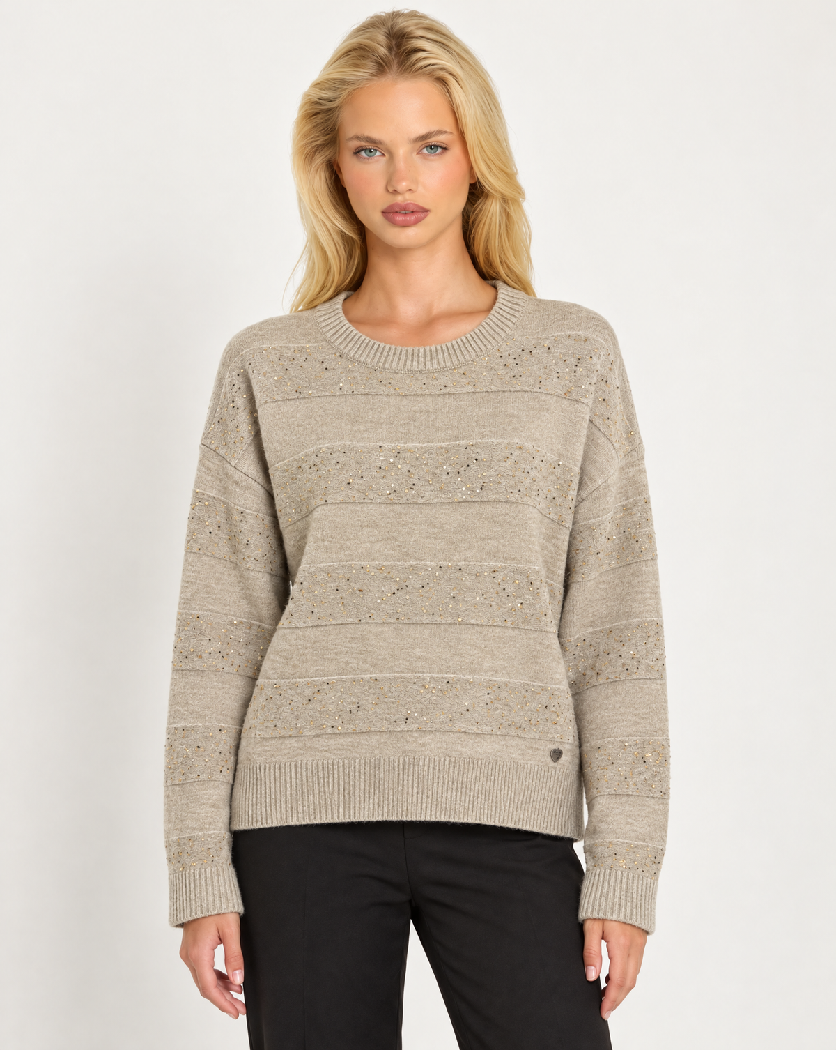 Maglia donna girocollo a fasce con dettagli luminosi Beige, Polly 7 - dettaglio parte superiore