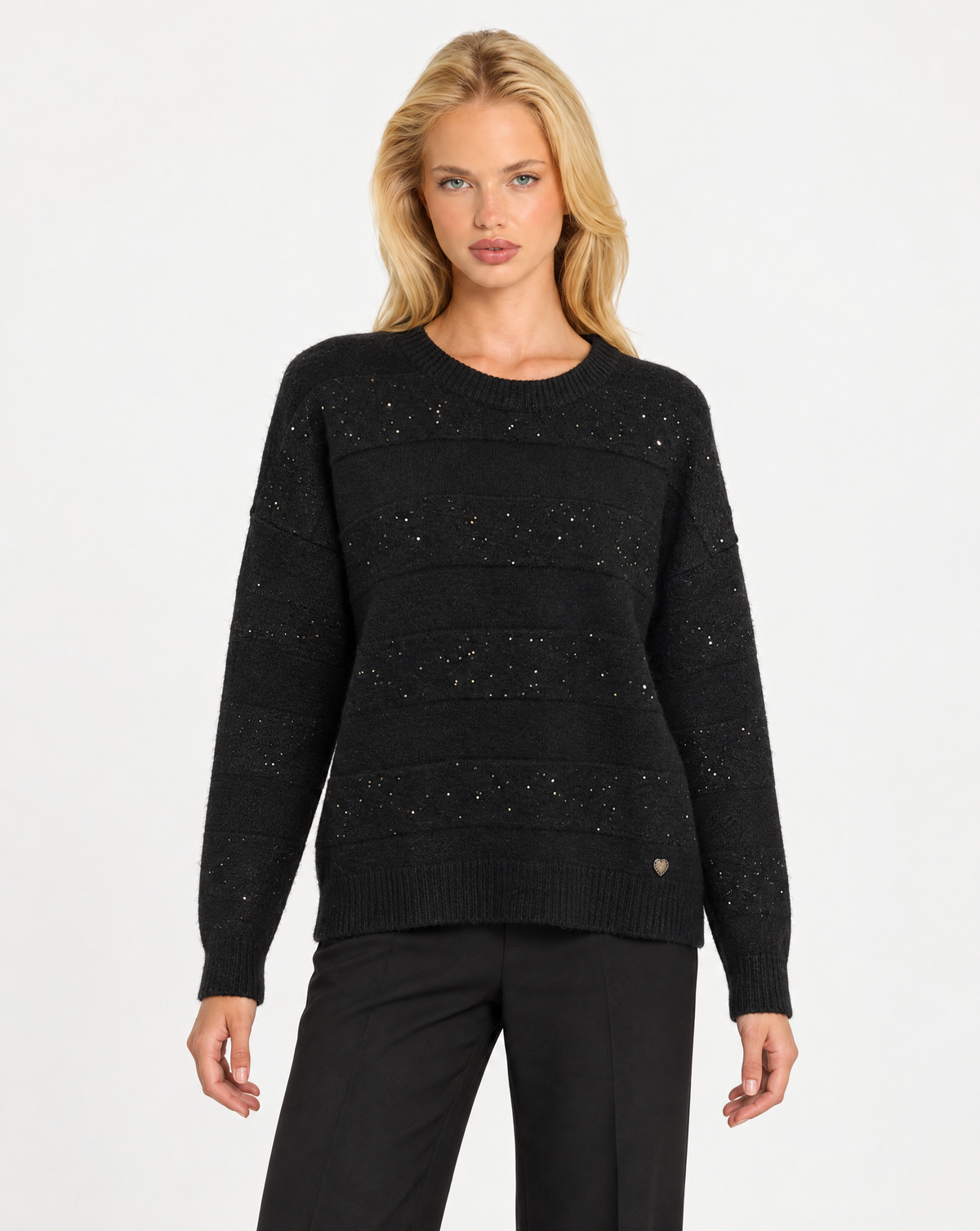 Maglia donna girocollo a fasce con dettagli luminosi Nero, Polly 7 - vista frontale