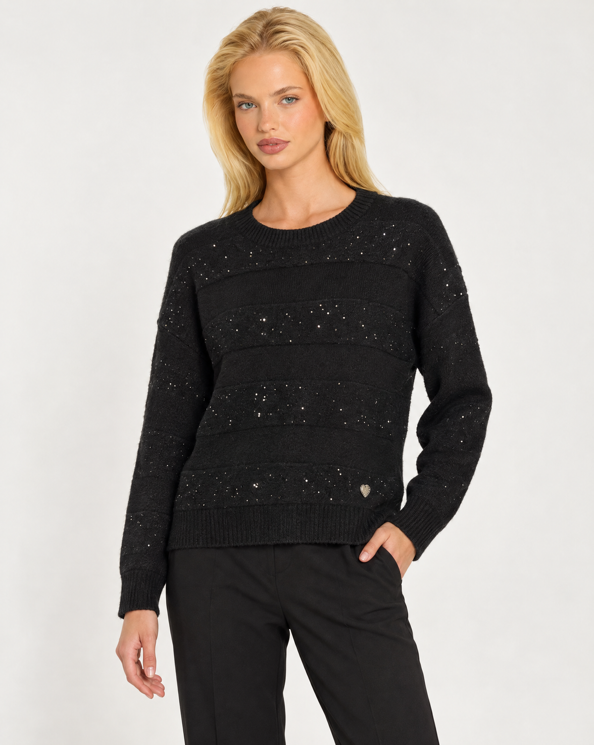 Maglia donna girocollo a fasce con dettagli luminosi Nero, Polly 7 - vista a tre quarti