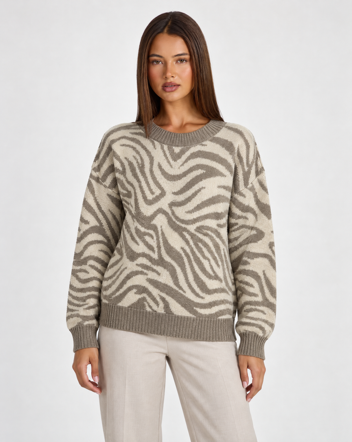 Maglia donna zebrata Panna con girocollo e bordi a costine, Polly 4 – vista frontale