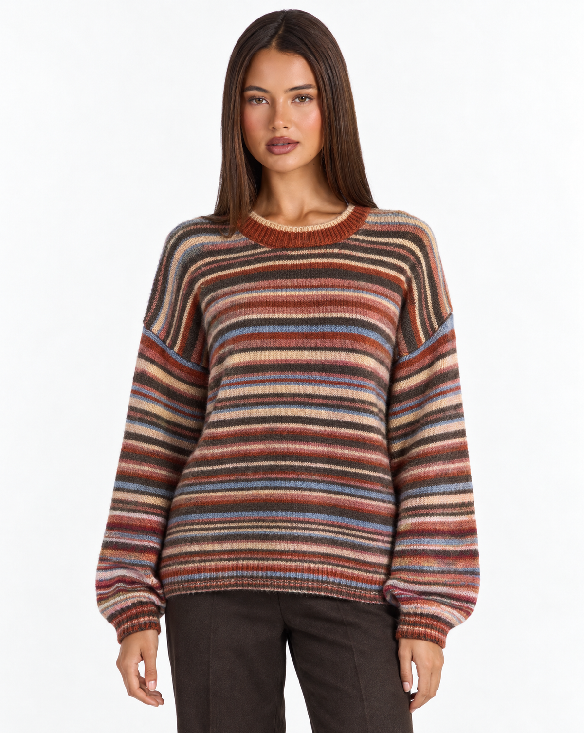Maglia girocollo a righe multicolore Arancio, Polly 4 – vista frontale