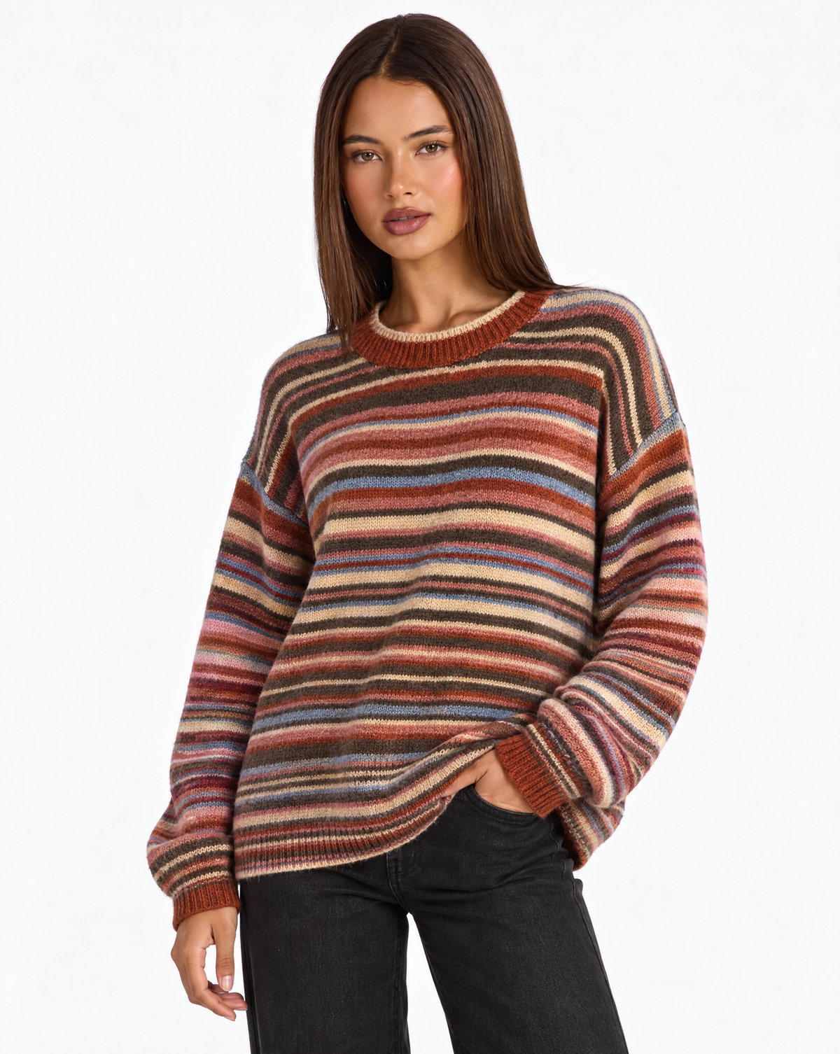 Maglia girocollo a righe multicolore Arancio, Polly 4 – vista tre quarti