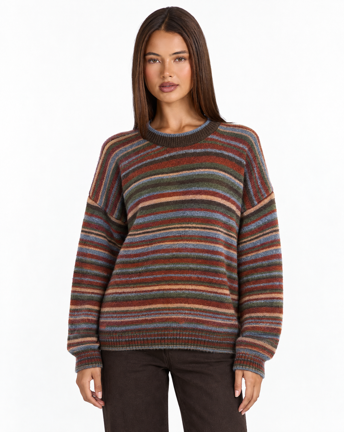 Maglia girocollo a righe multicolore Marrone, Polly 4 – vista frontale