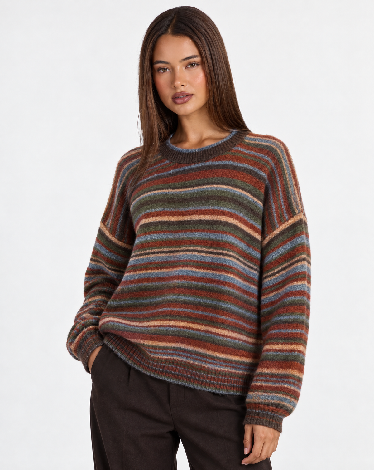 Maglia girocollo a righe multicolore Marrone, Polly 4 – vista tre quarti
