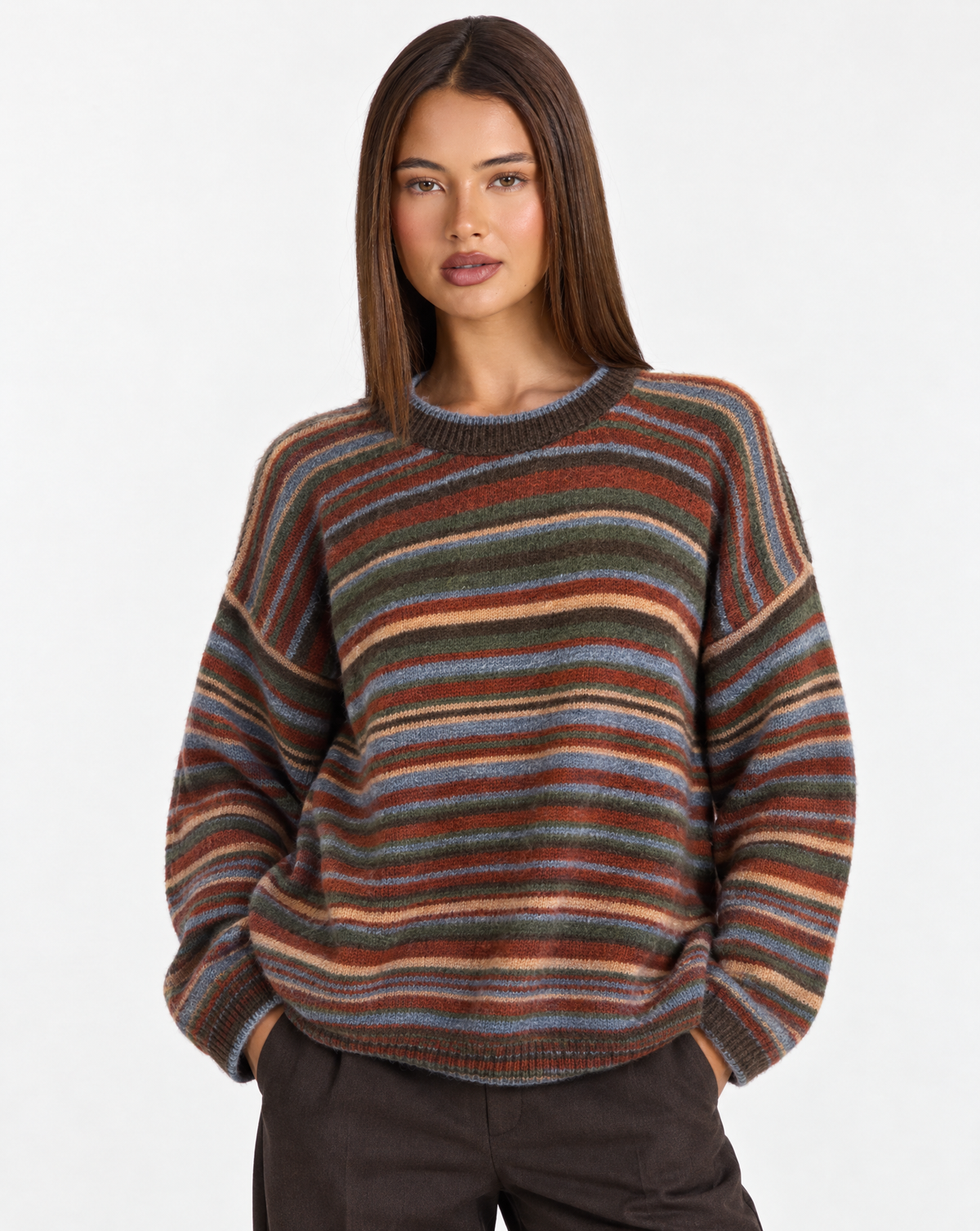 Maglia girocollo a righe multicolore Marrone, Polly 4 – dettaglio superiore