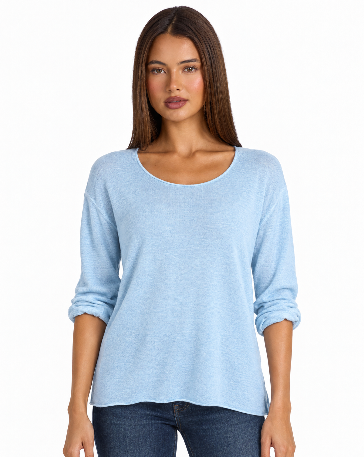 Maglia Donna in Cotone e Lana Girocollo n80 1202 Azzurro con Polly 4 – primo piano frontale