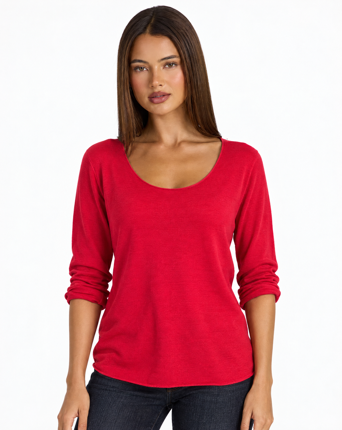 Maglia Donna in Cotone e Lana Girocollo n80 1202 Rosso con Polly 4 – primo piano frontale
