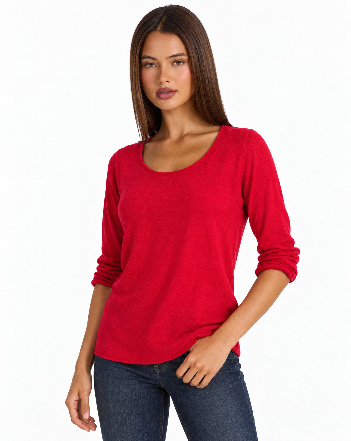 Maglia Donna in Cotone e Lana Girocollo n80 1202 Rosso con Polly 4 – primo piano tre quarti