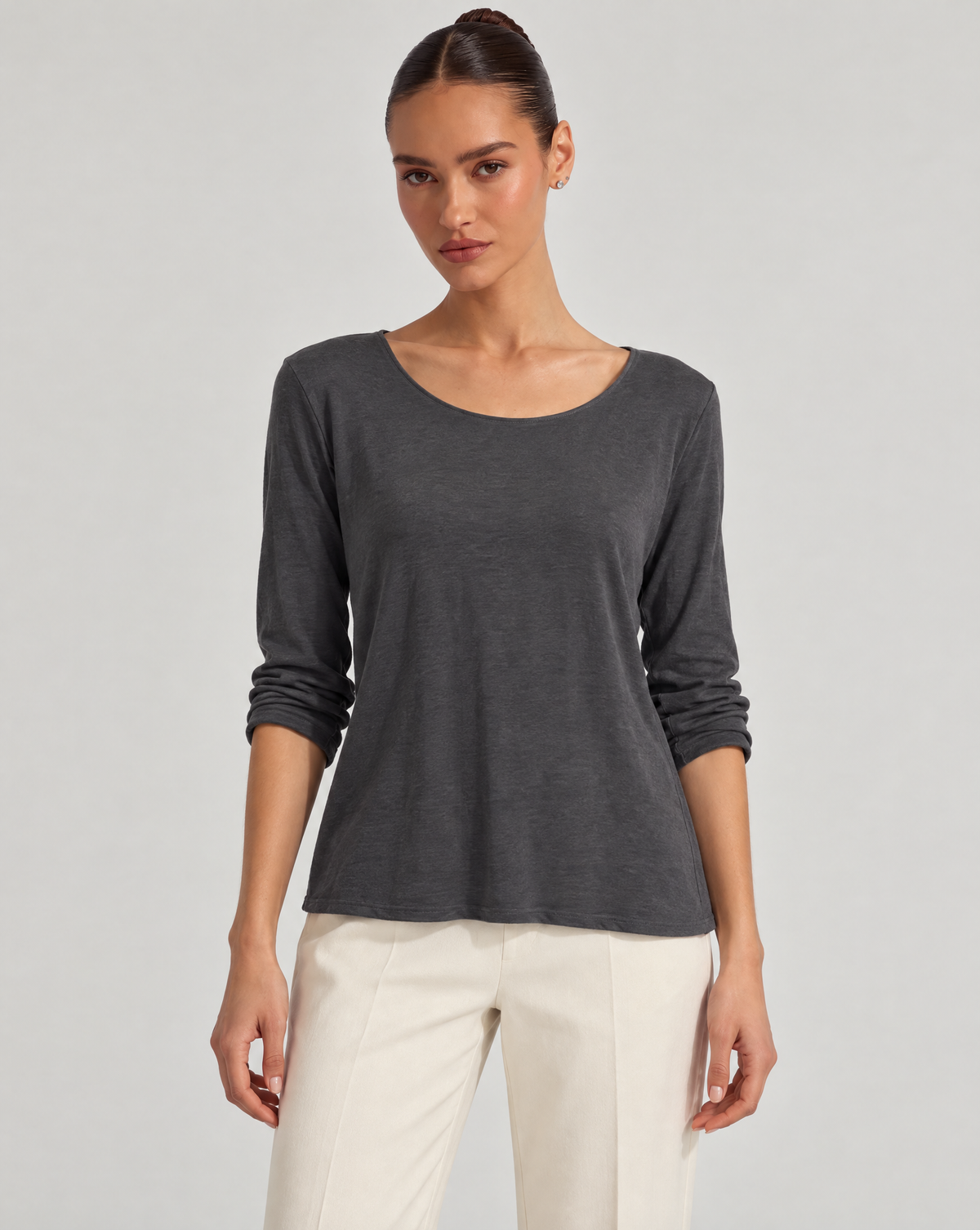 Maglia donna in cotone e lana N80 1202 — Grigio scuro — Polly 6 — vista frontale
