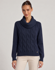 Maglia donna a trecce con collo alto blu – Polly 6 – frontale