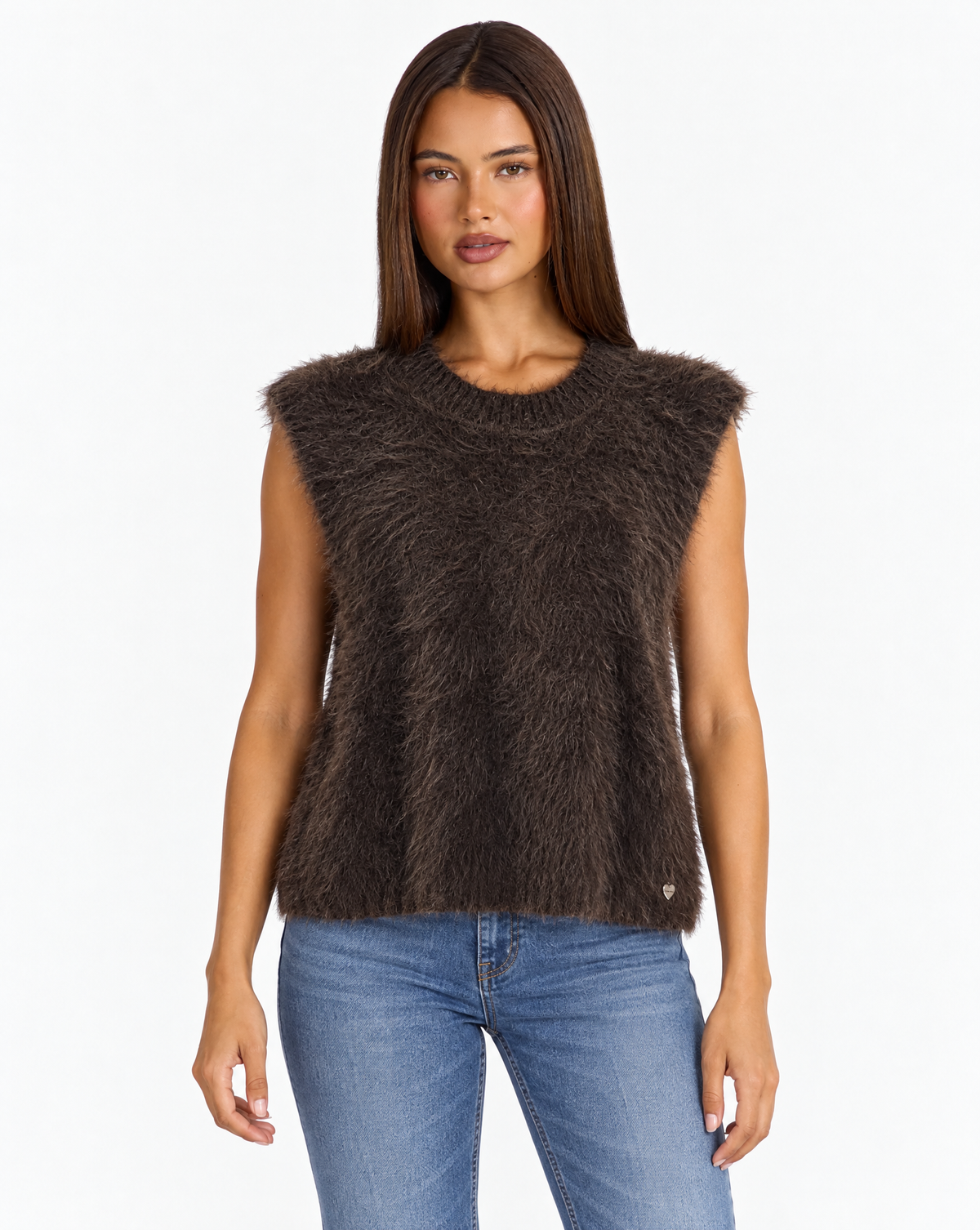 Maglia donna effetto peluche con girocollo b7 7172 Marrone con Polly 4 – frontale