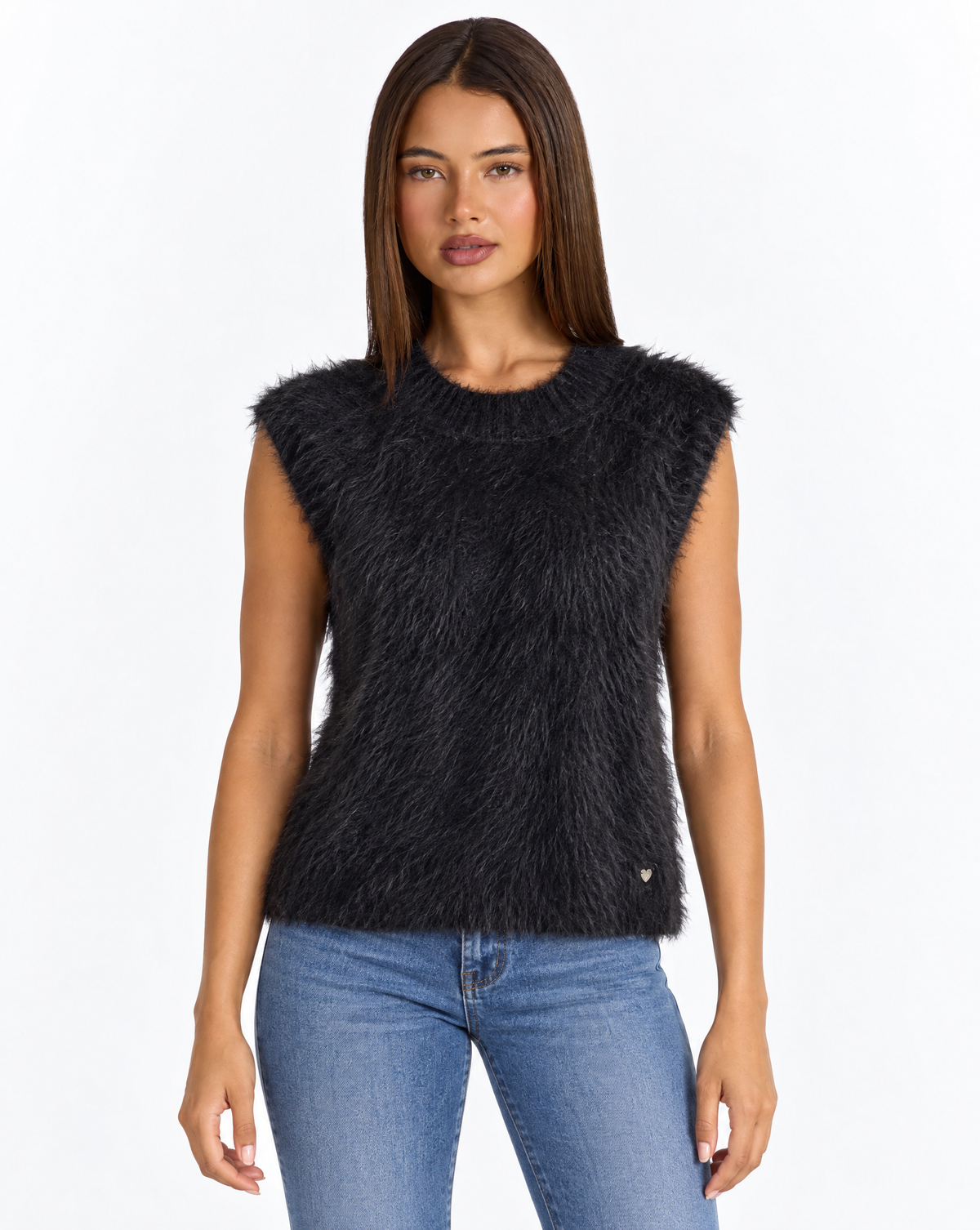 Maglia donna effetto peluche con girocollo b7 7172 Nero con Polly 4 – frontale