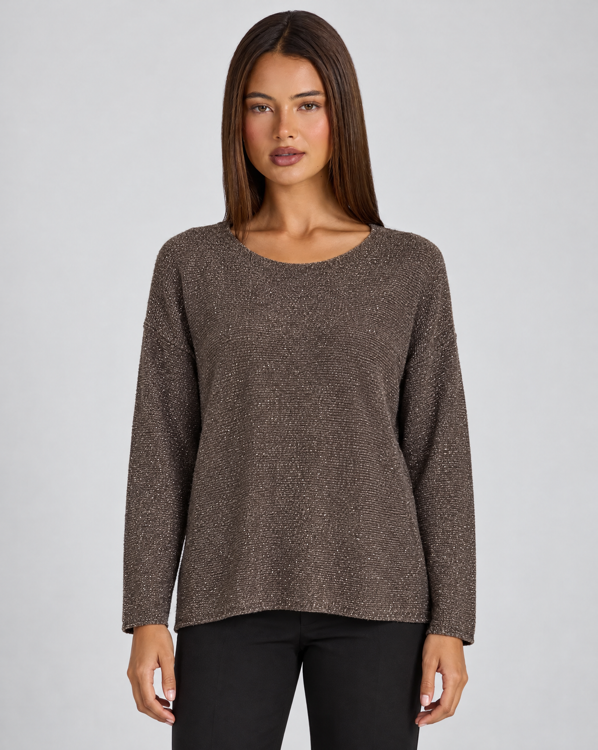 Maglia donna luminosa marrone con Polly 4, vista frontale