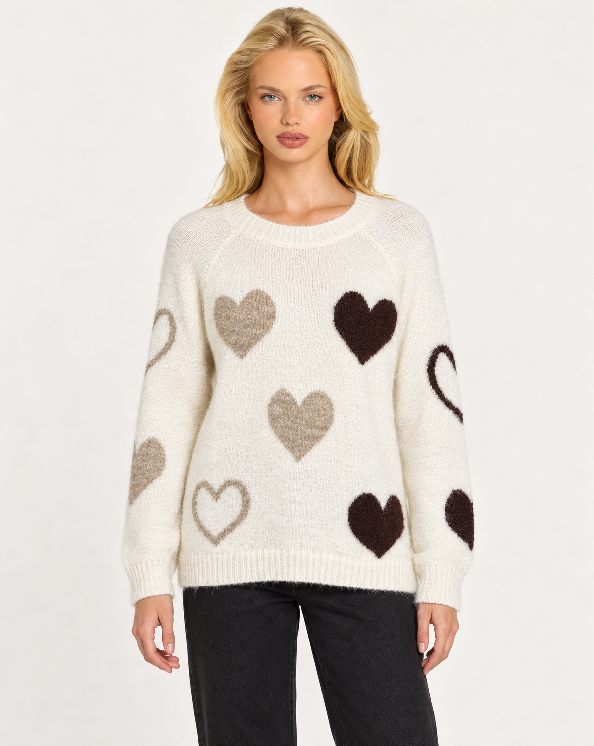 Maglia donna girocollo con cuori a contrasto Bianco, Polly 7 - vista frontale