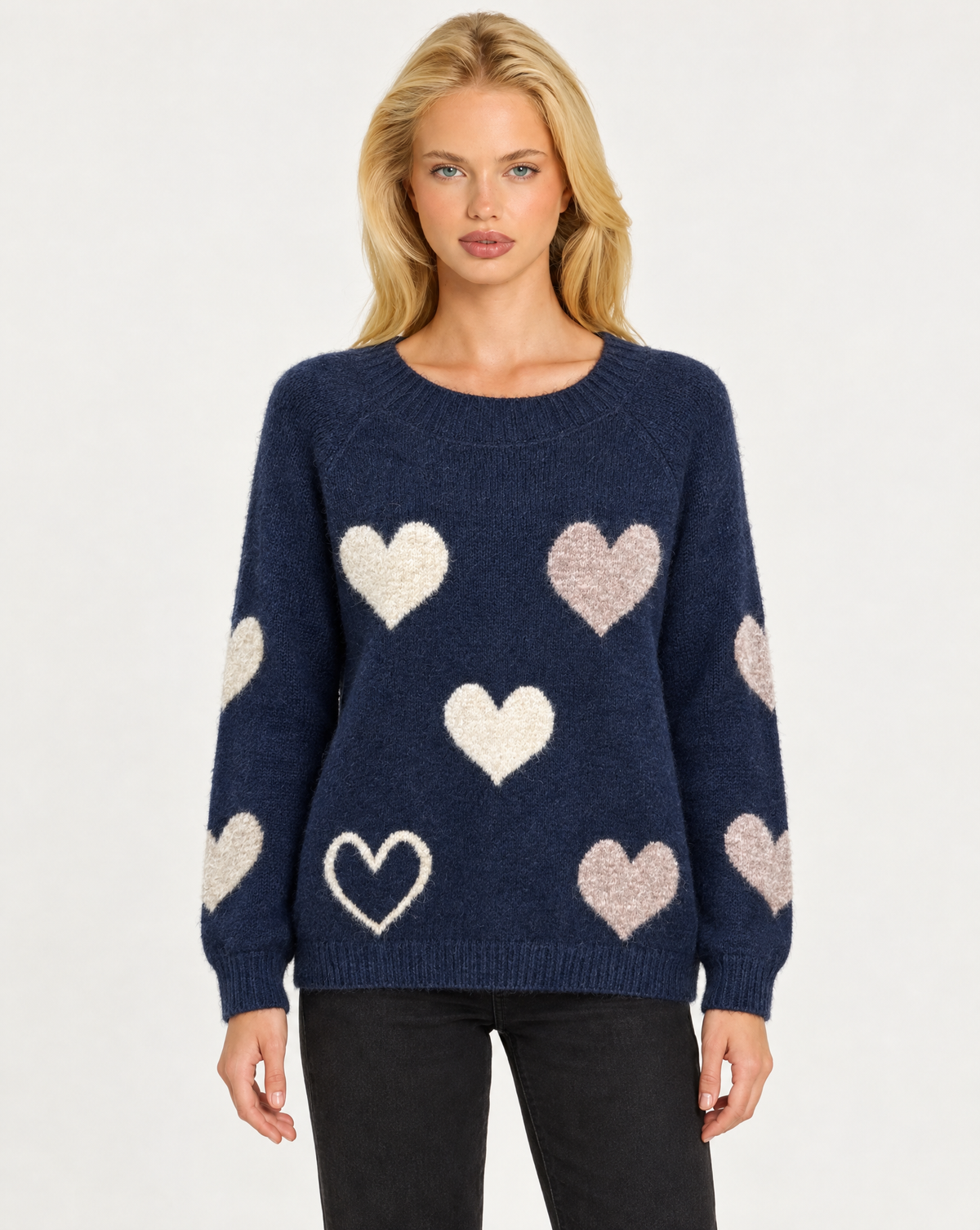 Maglia donna girocollo con cuori a contrasto Blu, Polly 7 - vista frontale