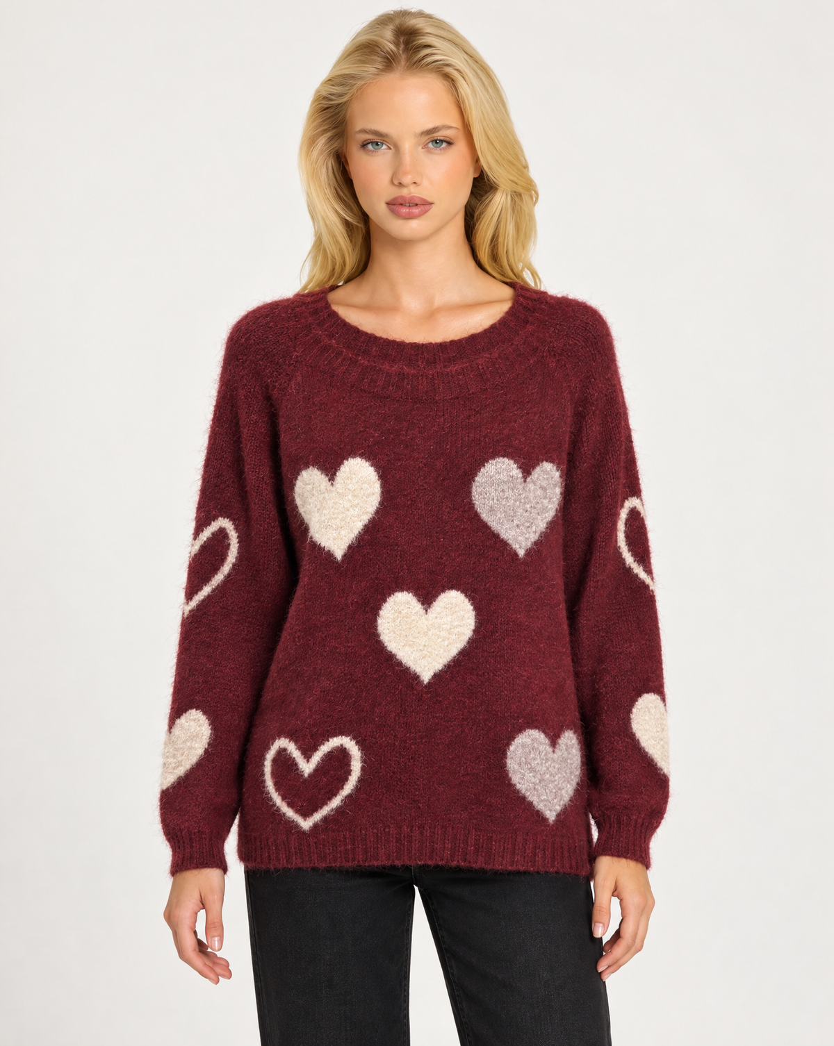 Maglia donna girocollo con cuori a contrasto Bordeaux, Polly 7 - vista frontale
