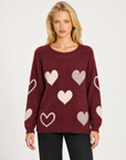 Maglia donna girocollo con cuori a contrasto Bordeaux, Polly 7 - vista frontale