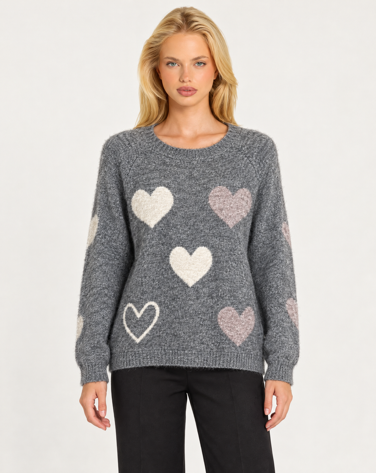 Maglia donna girocollo con cuori a contrasto Grigio, Polly 7 - vista frontale