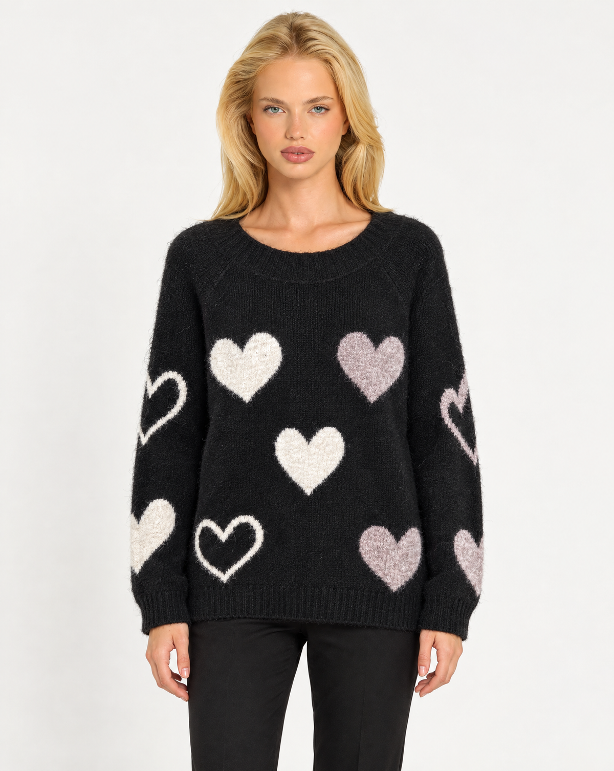 Maglia donna girocollo con cuori a contrasto Nero, Polly 7 - vista frontale