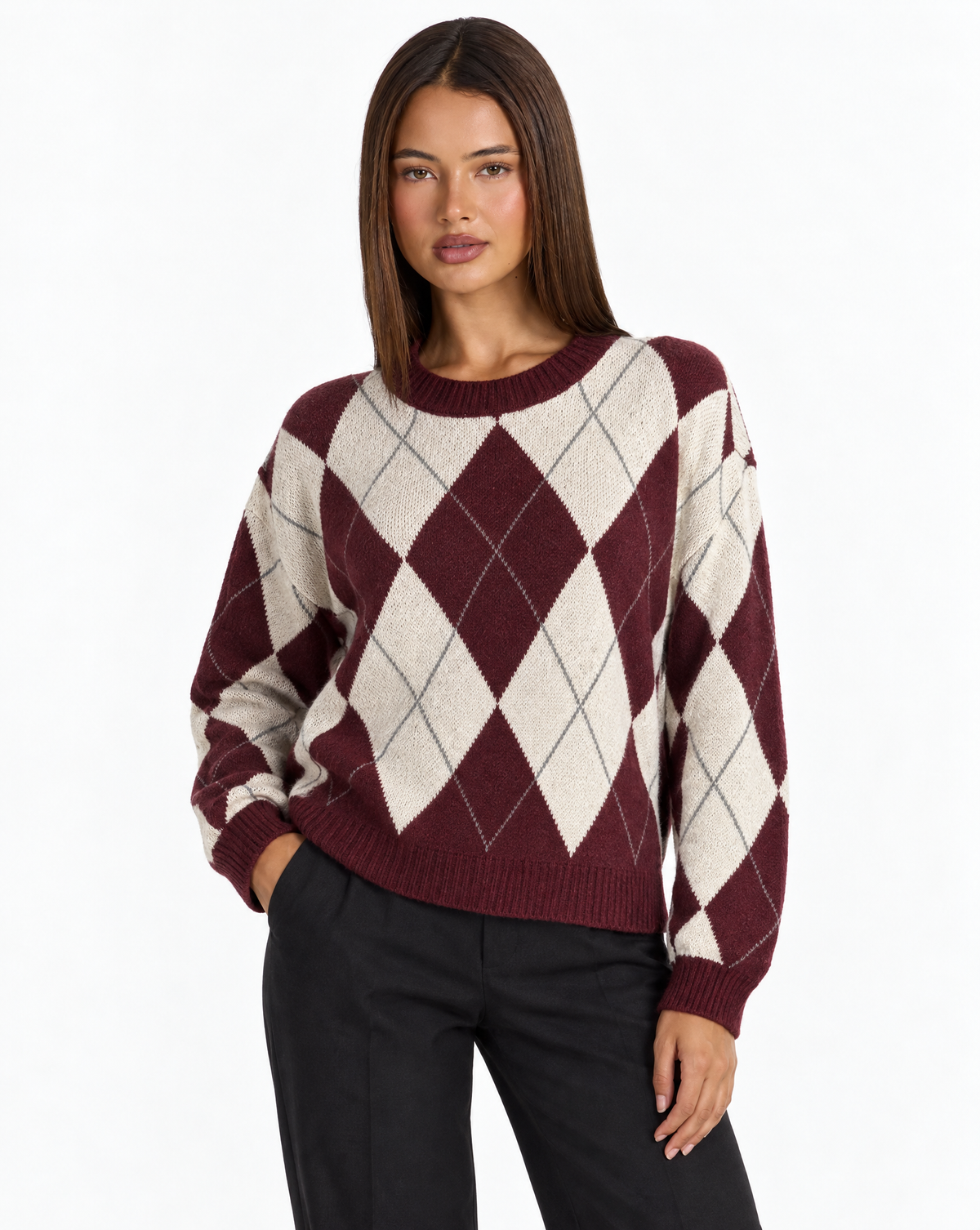 Maglia a rombi t23 1935-1 Bordò con Polly 4 – vista a tre quarti