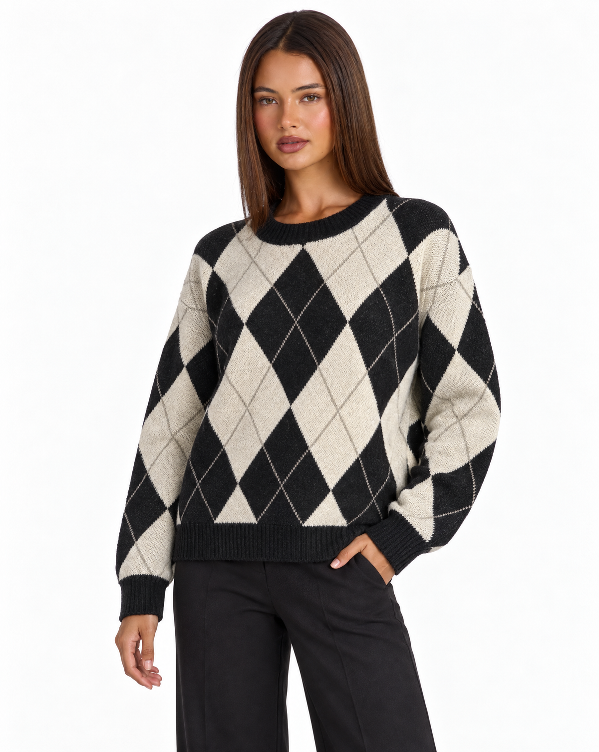 Maglia a rombi t23 1935-1 Nero con Polly 4 – vista a tre quarti