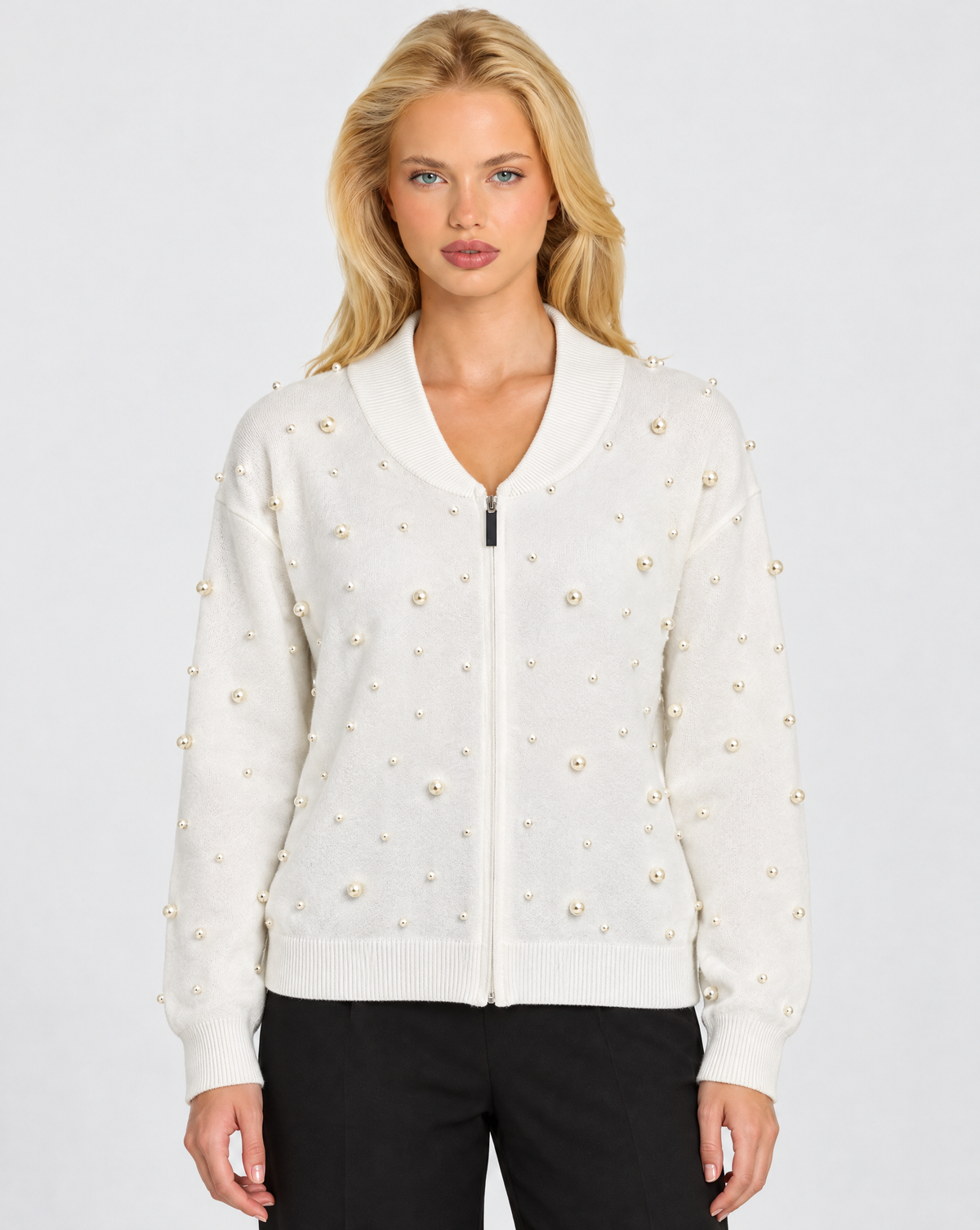 Maglia con zip dettaglio perle bianco – Polly 7, vista frontale