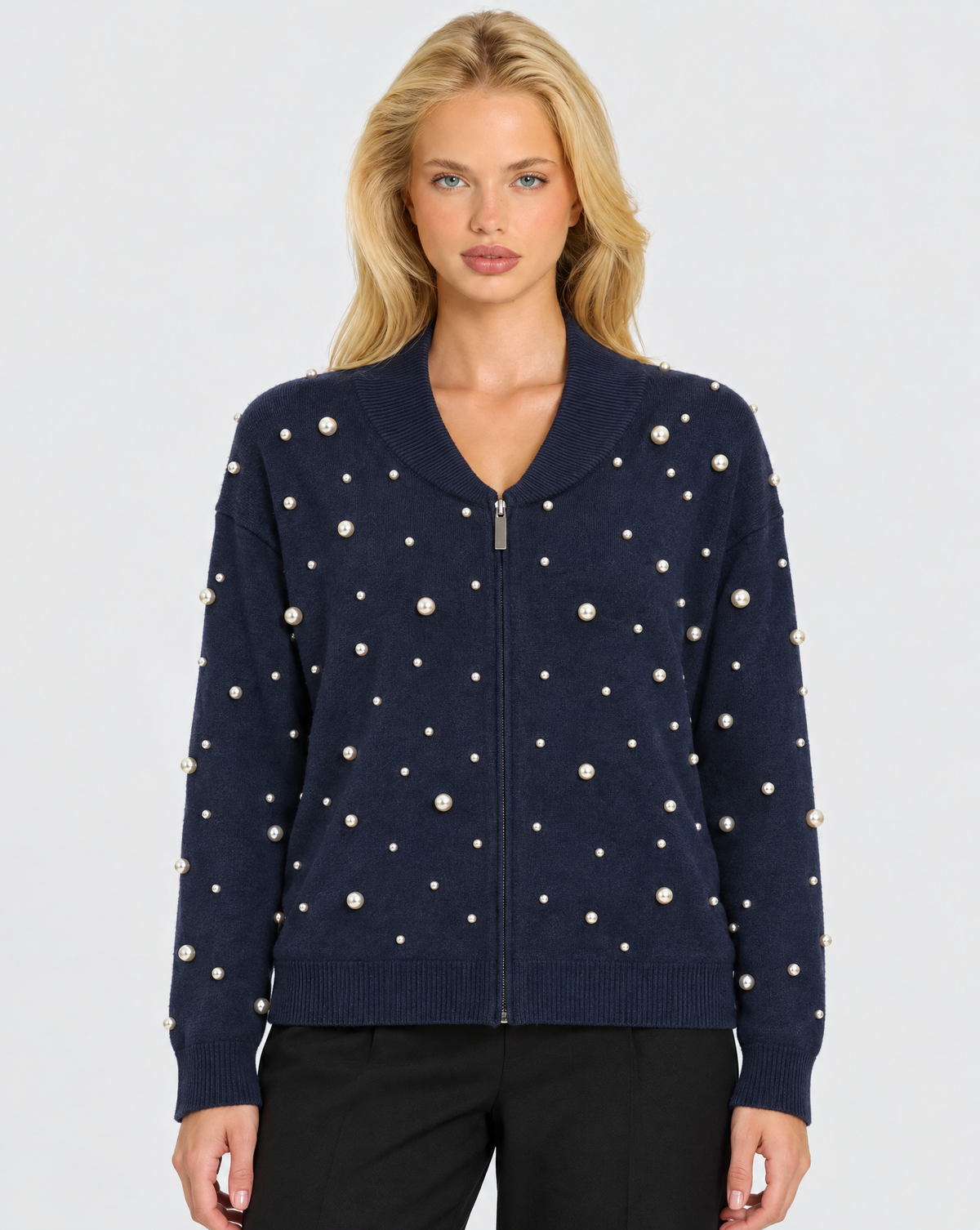 Maglia con zip dettaglio perle blu navy – Polly 7, vista frontale