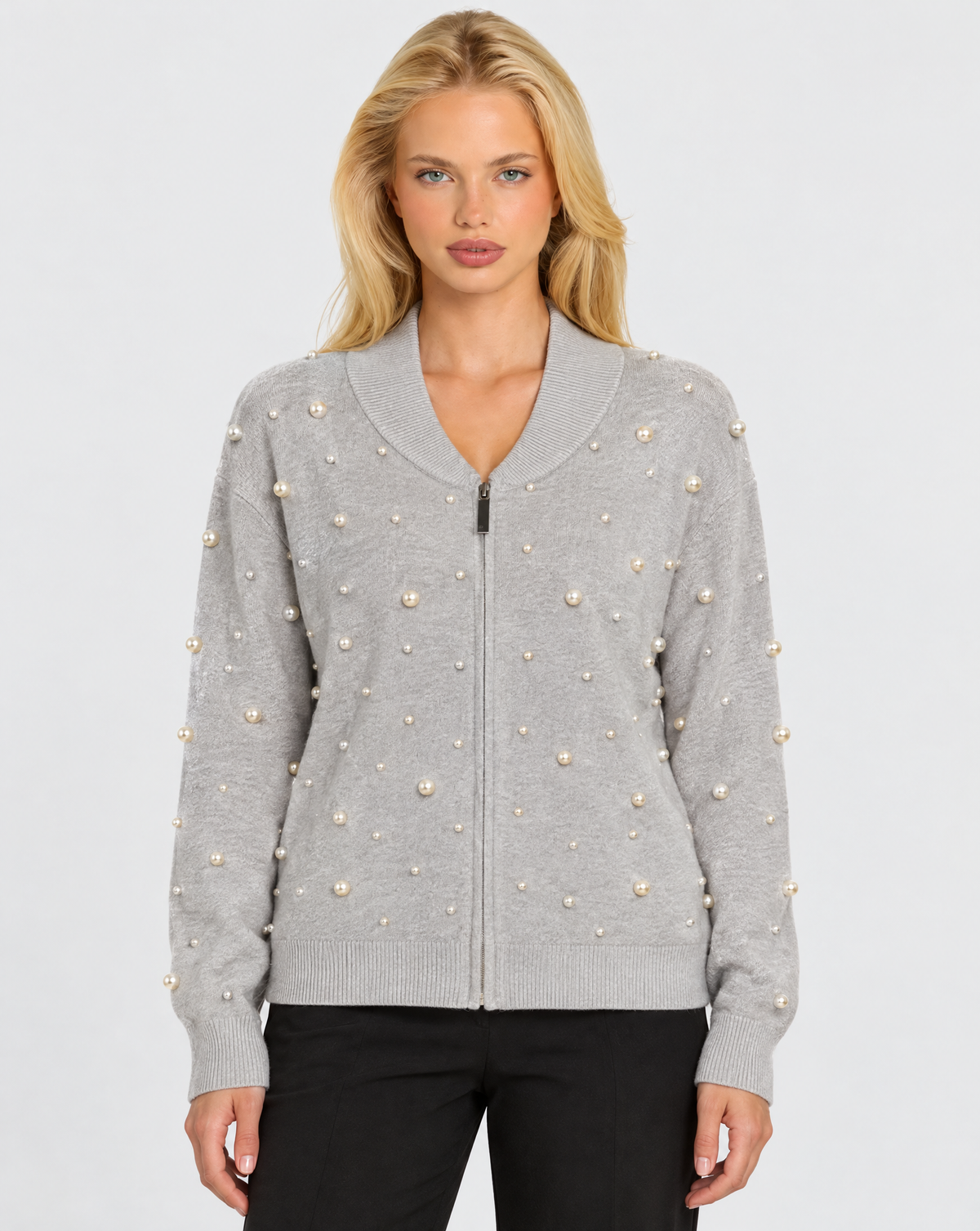 Maglia con zip dettaglio perle grigio – Polly 7, vista frontale