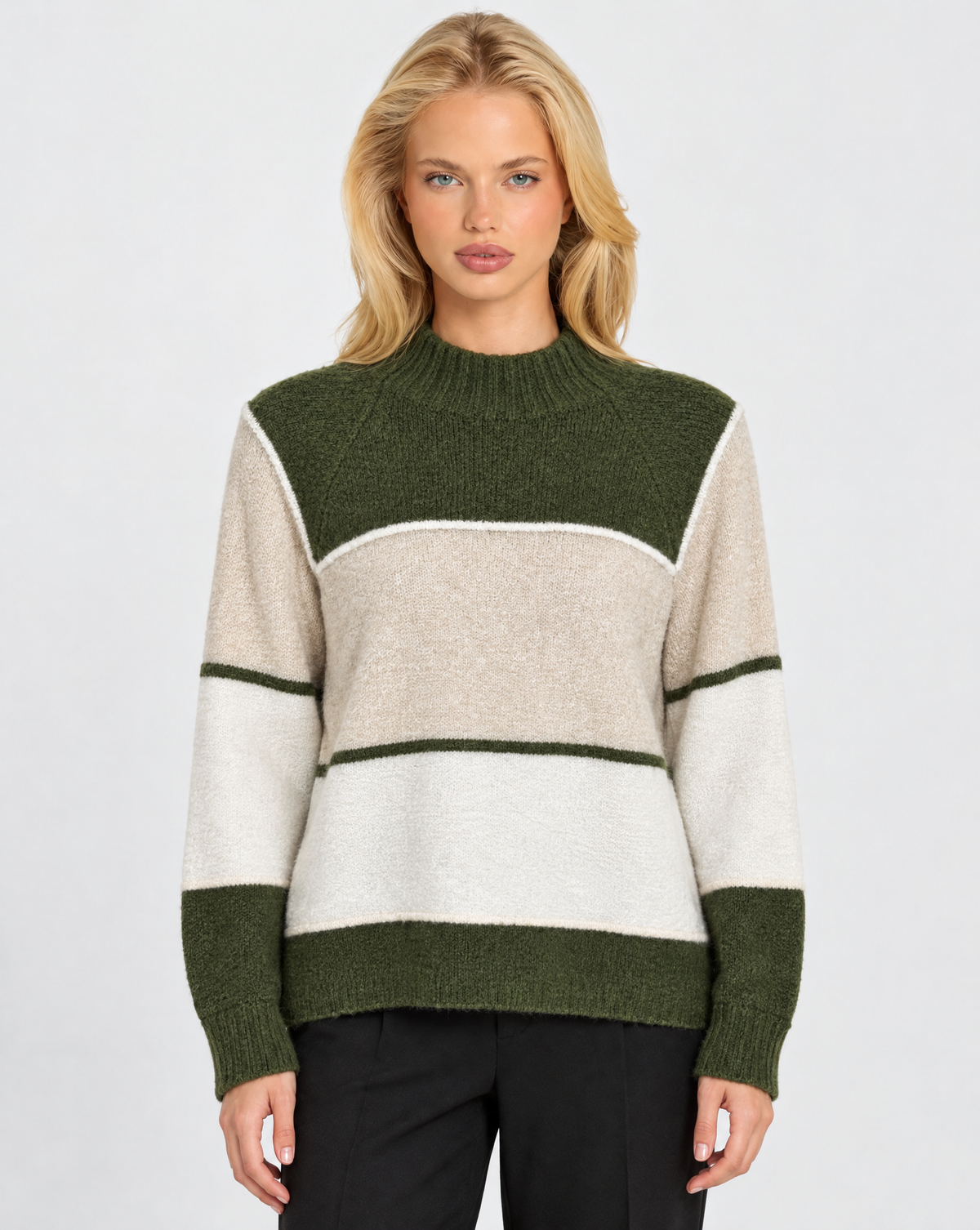 Maglione geometrico a blocchi di colore Verde con Polly 7 – vista frontale